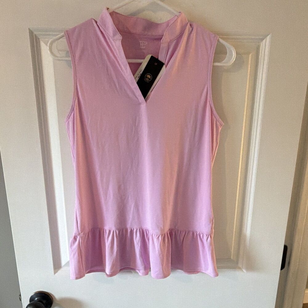 EPNY Sleeveless Golf Polo Top Pink Ruffle Hem V-Neck Women's Size S NWT